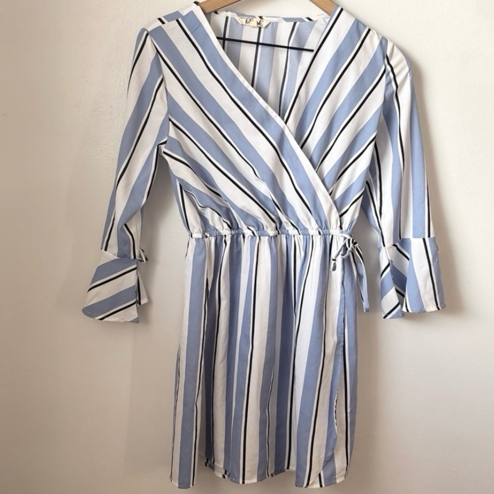 hint of blush blue & white striped long sleeve dress